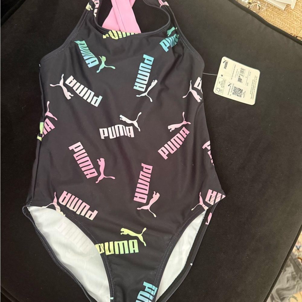 Brand new Puma Black and Pink One Piece Swimsuit with Logo Pattern kids